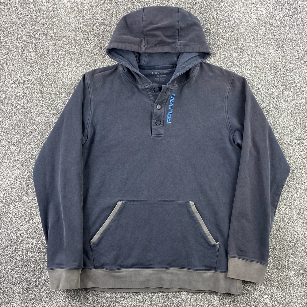 Vintage Y2k Polaris Hoodie Mens Medium Charcoal Gray Blue‎ Henley Sweatshirt